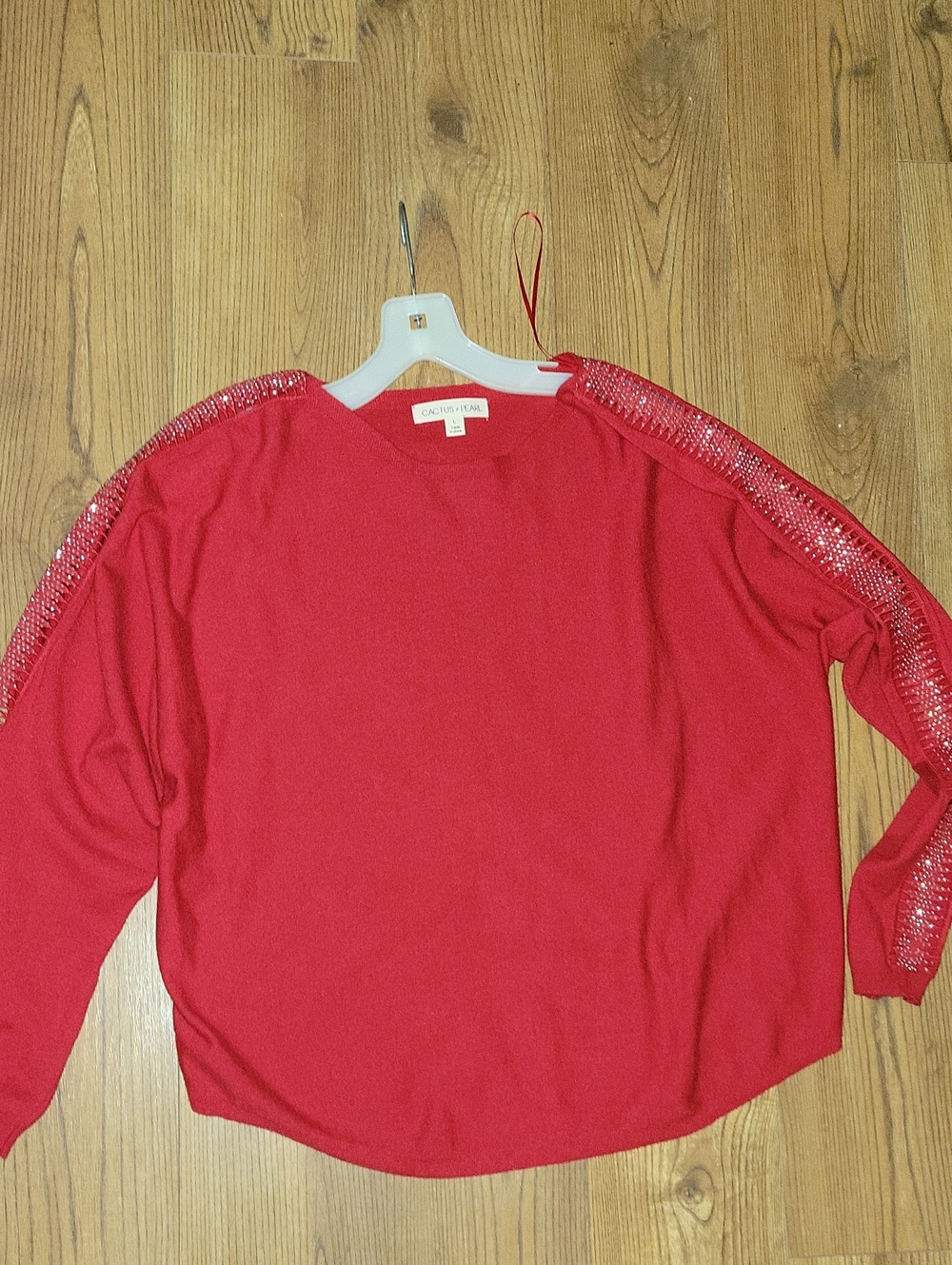 Cactus + Pearl Red Sequin-Trim Long Sleeve Top